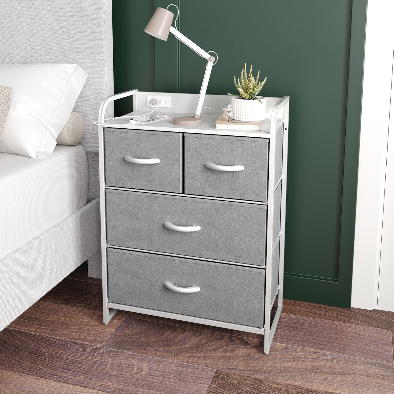 Emma and Oliver Hermes Nightstand with 4 Fabric Drawers, Charging Station with 2 USB Ports/Power Outlet, Engineered Wood Top, Wood Handles, Metal Frame